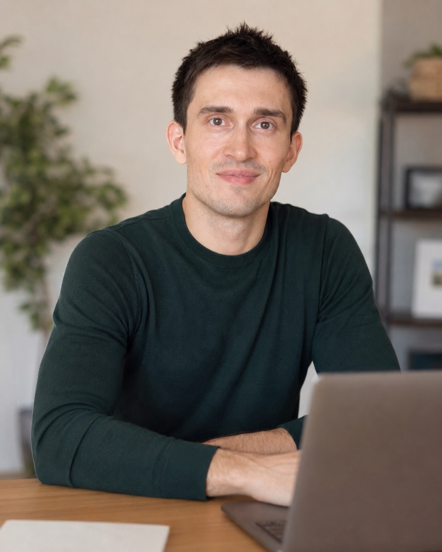 Alexander Krivulko an seinem Schreibtisch mit Laptop